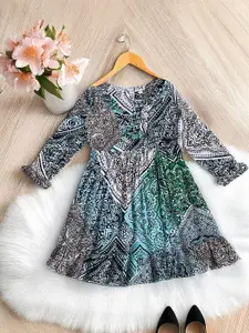 Bella Moda Girls Printed Round Neck Long Sleeves Fit and Flare Dress