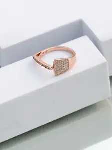 DIAVO Rose Gold-Plated Cubic Zirconia Stone Studded Verve Vista Silver Finger Ring
