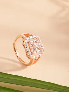 DIAVO Rose Gold-Plated Stone Studded Dazzling Quadrant Silver Finger Ring