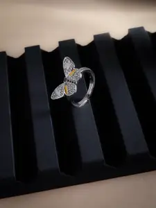 DIAVO Rhodium-Plated Cubic Zirconia Studded Gilded Enameled Butterfly Silver Finger Ring