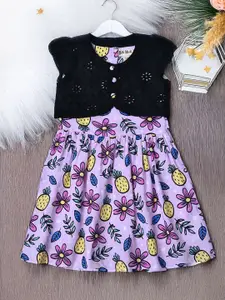 Bella Moda Girls Floral Printed Cotton Fit and Flare Dress With Deetachable Shiflie Shrug