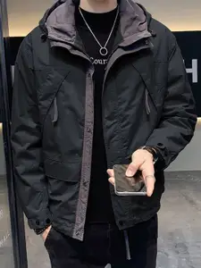 HERE&NOW Men Hooded Solid Casual Bomber Jacket