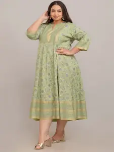 Fashion Zest Plusc Size Floral Printed Flared Sleeve A-Line Midi Dress