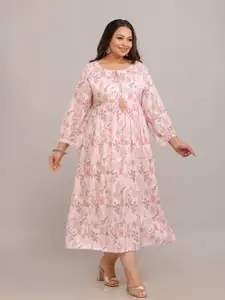 Fashion Zest Women Plus Size  Floral Printed Tie-Up Neck Fit and Flare Midi Dress