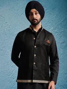 VASTRAMAY Men Woven Design Jute Cotton Nehru Jacket