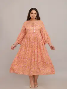 Fashion Zest Women Plus Size  Floral Printed Tie-Up Neck Fit and Flare Midi Dress