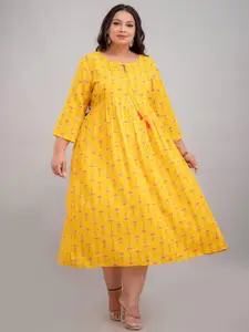 Fashion Zest Women Plus Size  Floral Printed Tie-Up Neck Fit and Flare Midi Dress
