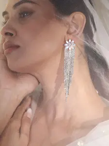 Rubans Rhodium-Plated Cubic Zirconia Stone Studded Floral Shaped Drop Earrings