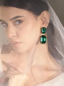 Rubans 18K Gold-Plated Emerald Cut Crystal Stone Studded Square Shaped Drop Earrings