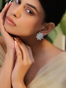 Rubans Rhodium-Plated Cubic Zirconia Stone Studded Floral Shaped Studs