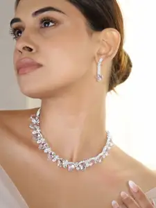 Rubans Rhodium-Plated Crystal Pink AD & Cubic Zirconia Studded Glamorous Necklace Set