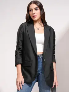 Tokyo Talkies Black Single-Breasted Notched Lapel Collar Double Vent Regular Fit Blazer