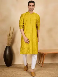 House of Pataudi Floral Embroidered Thread Work Mandarin Collar Straight Kurta