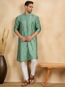 House of Pataudi Floral Embroidered Thread Work Mandarin Collar Straight Kurta