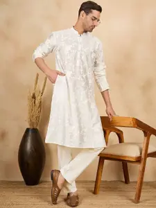 House of Pataudi Floral Embroidered Thread Work Mandarin Collar Straight Kurta