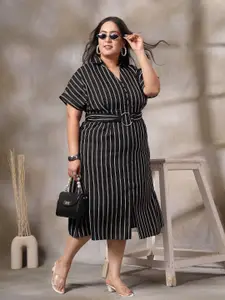 CURVE BY KASSUALLY Women Plus Size Striped Shirt Midi Dress