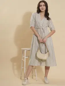 all about you Women Cotton Mandarin Collar Puff Sleeves Striped Fit & Flare Midi Dress