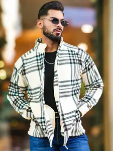 Maniac Men Mock Collar Checked Cotton Casual Tailored Jacket