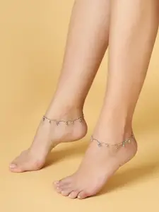 ZENEME Women Oxidised Silver-Toned Heart Charm Anklet
