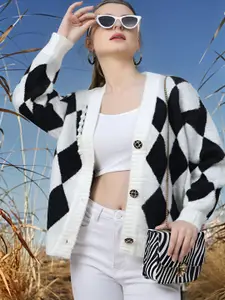 DressBerry Black And White Geometric Self Design Cardigan Woolen Sweater
