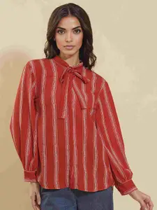 all about you Women Vertical Striped Tie-Up Neck Shirt Style Top
