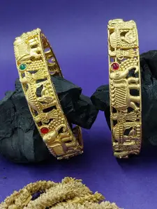 AARNAA Set Of 2 Gold-Plated Stones-Studded Rajasthani Rajwadi Meenakari Bangles