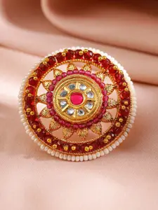 Rubans 18K Gold-Plated Kundan and Red Pearl Adjustable Ring