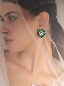 Rubans Rhodium-Plated Emerald Stone Studded Heart Shaped Studs