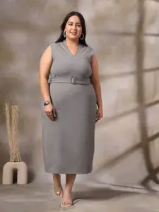 CURVE BY KASSUALLY Women V-Neck Pure Cotton Plus Size Sheath Midi Dress