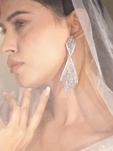 Rubans Rhodium-Plated Brass Crystal Studded Classic Drop Earrings