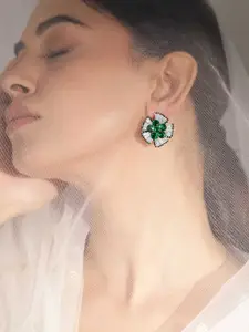 Rubans Rhodium-Plated Brass Emerald and Crystal Studded Floral Studs