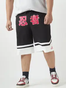 Bewakoof Plus Men Black & White Akatsuki Typography Oversized Plus Size Varsity Shorts