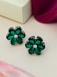 ABDESIGNS Women Silver Plated Floral Shaped Green Stone Stud Earrings