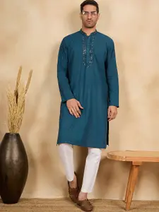 House of Pataudi Floral Yoke Design Beads and Stones Mandarin Collar Cotton Straight Kurta