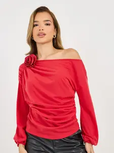 Styli Women Solid Fitted Off Shoulder Balloon Sleeves Top with Corsage Detail