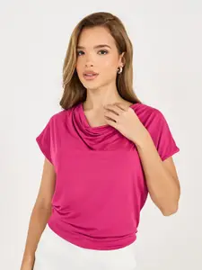 Styli Women Solid Regular Fit Regular Length Cowl Neck Top With Cap Sleeves