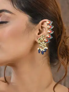 Voylla Gold Plated Kundan Studded Peacock Shaped Enamelled Ear Cuff Earrings