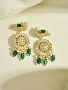 Voylla Gold Plated Kundan Studded Peacock Shaped Drop Earrings