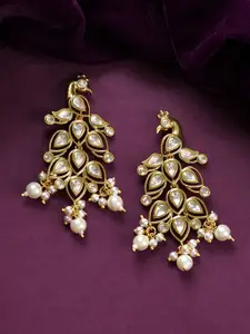 Voylla Gold Plated Kundan Studded Peacock Shaped Drop Earrings