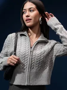 Tokyo Talkies Women Cable Knit Self Design Sweater