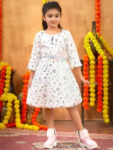 BAESD Girls Self Design Floral Fit & Flare Dress With Belt