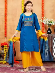 BAESD Girls Geometric Embroidered Thread Work Straight Cotton Kurta