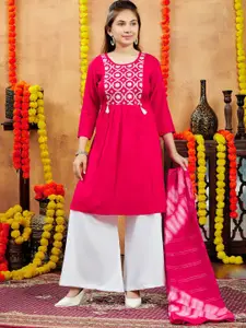 BAESD Girls Floral Embroidered Round Neck Thread Work Straight Cotton Kurta