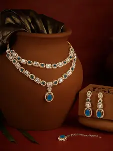 AMI Gold-Plated Austrian Diamonds-Studded Layered Necklace and Earrings With Maang Tika