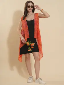 DressBerry Orange And Purple Animal Printed Open Front Shrug With Dipped Hem