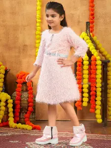 BAESD Girls Self Design Woollen A-Line Dress With Belt