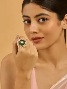 Kushal's Fashion Jewellery Embellished Bridal Victorian-Plated Kundan Studded Finger Ring