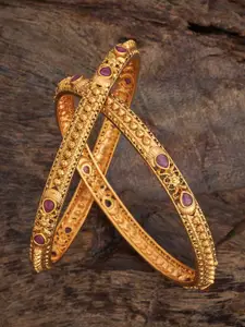 Kushal's Fashion Jewellery Set Of 2 Gold-Plated Stone-Studded Antique Bangles