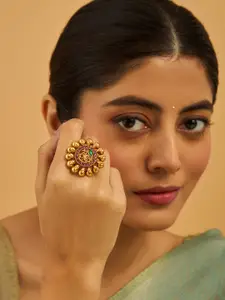 Kushal's Fashion Jewellery Gold-Plated Stone-Studded Antique Finger Ring