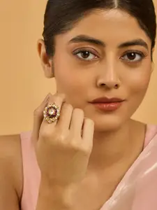 Kushal's Fashion Jewellery Embellished Bridal Victorian-Plated Kundan Studded Finger Ring